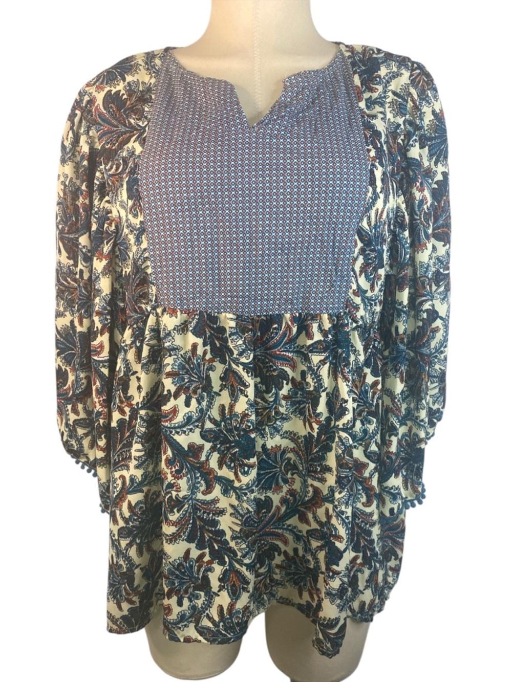 Umgee Boho Printed Peasant Blouse in Navy & Cream Women’s Large